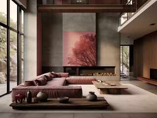 Wabi sabi japanese style rustic interior in with wood, pottery and texture elements in berry tones