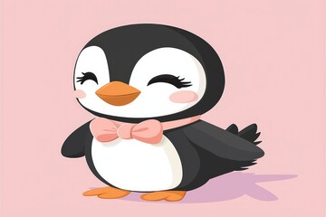 Fototapeta premium Cute Penguin with Pink Bow Tie Cartoon Illustration