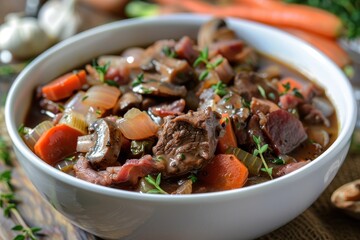 Beef Bourguignon served with vegetables and fresh thyme in a white bowl