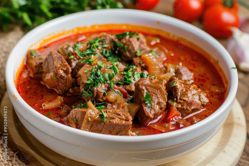 Sticker beef cooked with onions tomato paste and spices