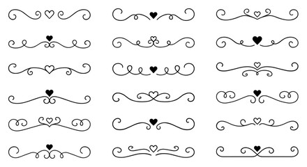 Text dividers with hearts doodle set. Wedding decorative elements. Divider ornament, borders. Hand drawn vector illustration isolated on white background © AnyaLi