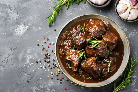 Beef cheeks braised in red wine sauce on gray background top view