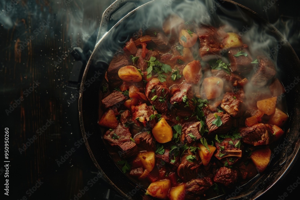 Poster Beef goulash with chunky vegetables cooked in a pot or pan Rich burgundy stew with dark background