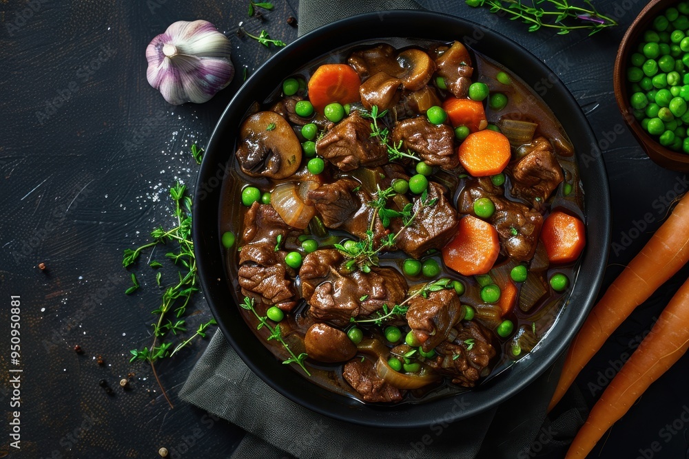 Poster beef stew in burgundy with vegetables and mushrooms top view