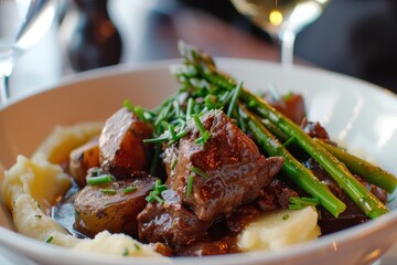 Beef stew with mashed new potatoes and asparagus