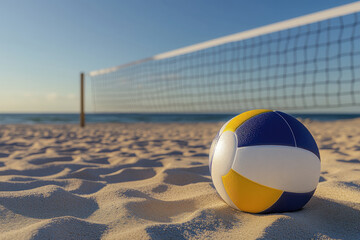 Volleyball lying on the sand of beach with a net in the background. blurred people player behind.