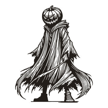 recommend clip art: Halloween Pumpkin Head Reaper Line Art. Cartoon Scary Character in Cloak with Scary Pumpkin Face. Creepy Surreal Horror Halloween High-Contrast Vector Illustration. Bold Black Jack-O-Lantern Logo