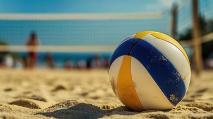 Volleyball lying on the sand of beach with a net in the background. blurred people player behind.