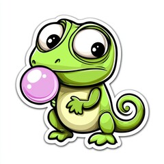 Naklejka premium Cute Cartoon Chameleon Blowing a Bubble