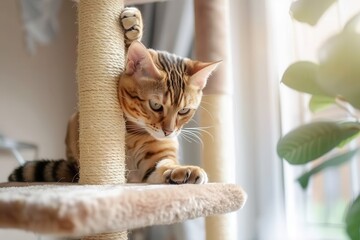 Bengal cat sharpens claws on cat tree at home
