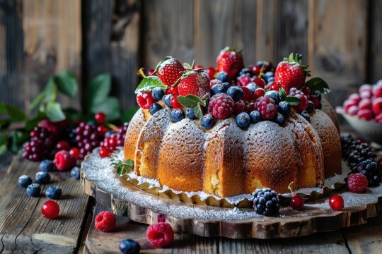 Berry topped Kugelhopf on rustic wood table