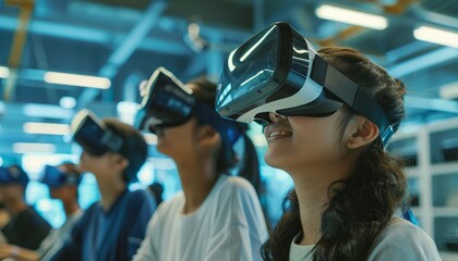Students immersed in virtual reality technology in a modern classroom, representing the future of education, the integration of VR in learning, and the advancement of digital educational tools