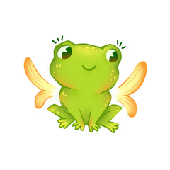 Cute happy green frog in cartoon style.