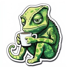 Obraz premium Chameleon Drinking Coffee