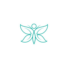 Woman Butterfly logo design with natural leaves line art style