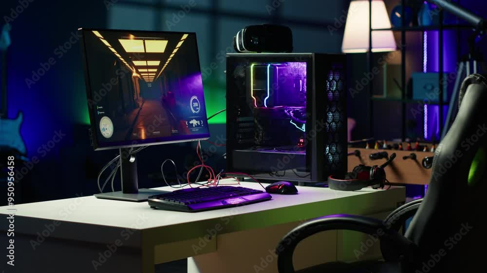 Aufkleber empty apartment living room with neon lights and gaming computer with first person shooter game left
