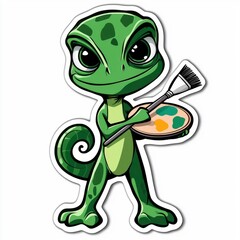 Obraz premium Cute Cartoon Green Lizard Holding Paintbrush and Palette