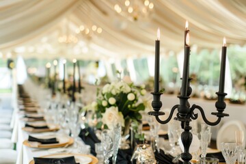 Black and gold themed wedding tent