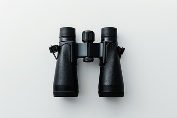 Black binoculars on white background top view