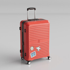 Red travelling suitcase with stickers on it, with isolated background