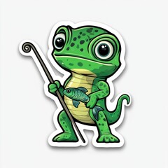 Fototapeta premium Cartoon Green Lizard Holding Fish and Fishing Rod