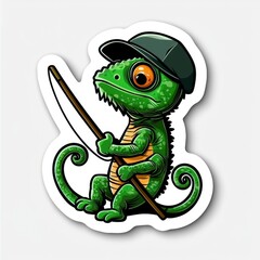 Fototapeta premium Cartoon Green Chameleon Wearing a Cap Holding a Fishing Rod