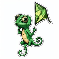 Naklejka premium Cartoon Chameleon Holding a Kite