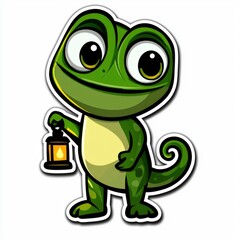 Fototapeta premium Cute Cartoon Green Lizard Holding a Lantern