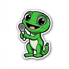 Obraz premium Cartoon Gecko Holding Microphone Singing