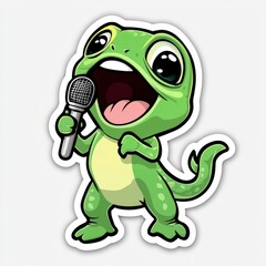 Obraz premium Cartoon Green Lizard Singing with Microphone