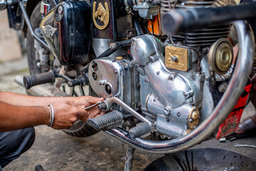 The motorcycle motorcycle engine was repaired by a mechanic.