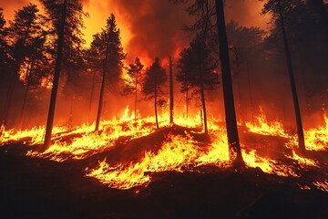 Forest Fire Inferno with Silhouetted Trees