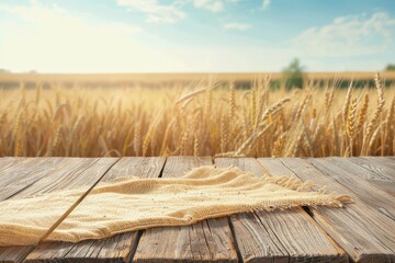 Blank table with tablecloth against blurred wheat field background Shavuot themed design and product display