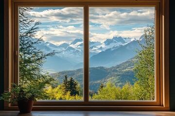 Window View of Mountain Range with Trees