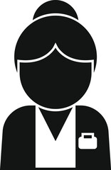 Simple black and white vector icon of a female doctor wearing a uniform with a name tag