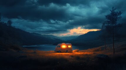 Cozy Camper Under Dramatic Skies: A Serene Escape into Nature