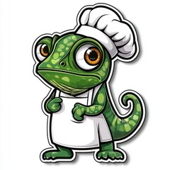 Fototapeta premium Cartoon Chameleon Chef Wearing White Apron and Hat