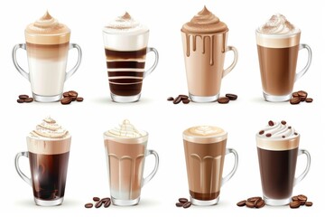 Obraz premium Various coffee beverages are displayed, featuring cappuccino, black coffee, latte, and hot chocolate