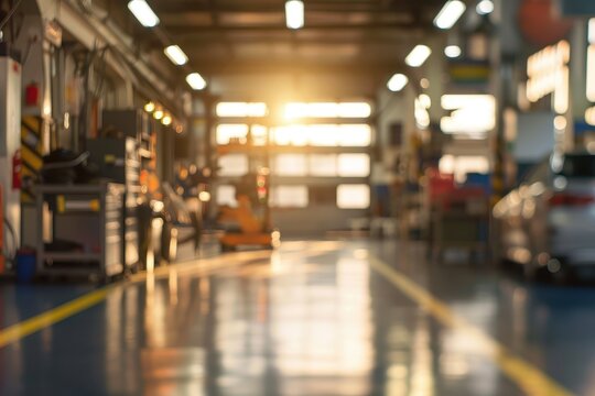 Blurry background of car repair shop interior