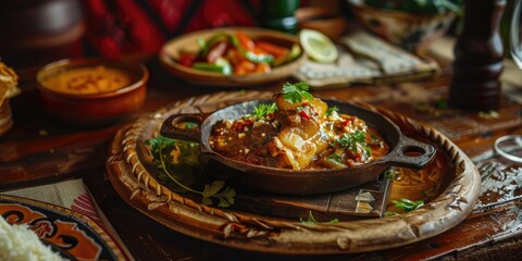 Authentic Bolivian dish known as falso conejo fake rabbit presented on a vintage wooden table