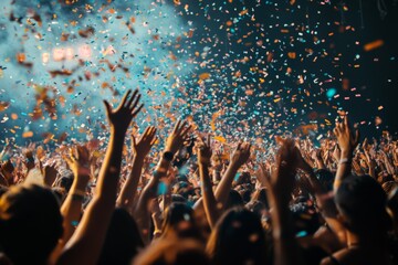 Excited concert crowd celebrating with colorful confetti during an electrifying performance at a vibrant live music event