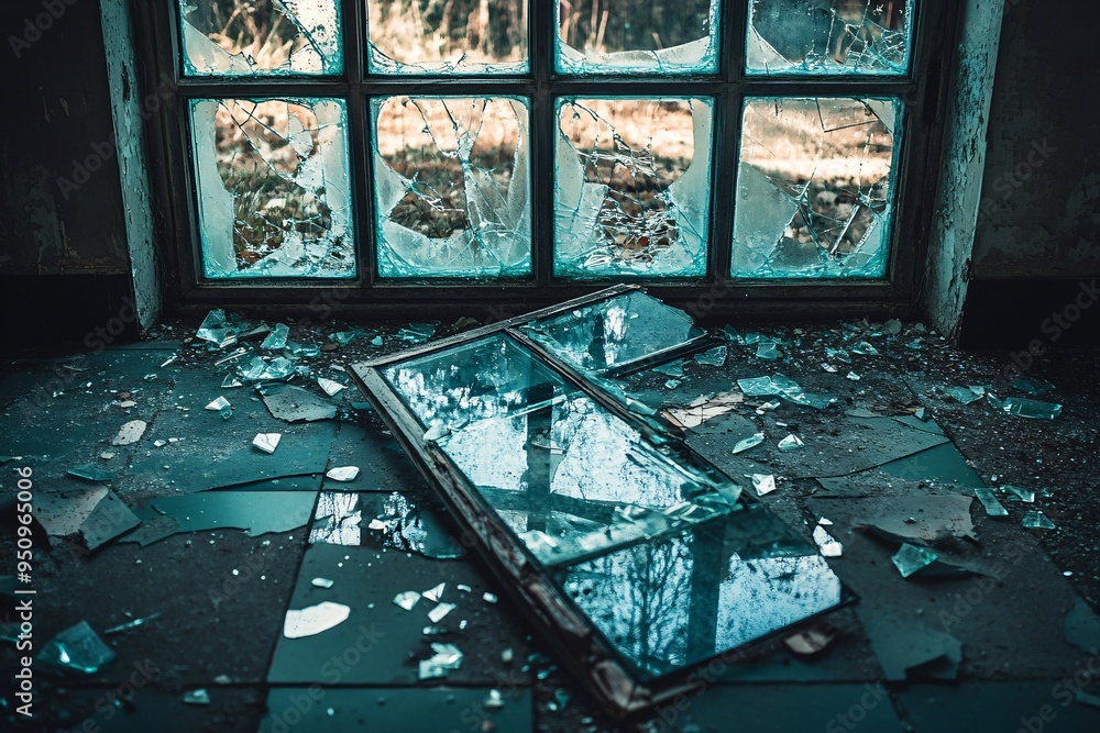 Poster broken window pane with glass shards on floor