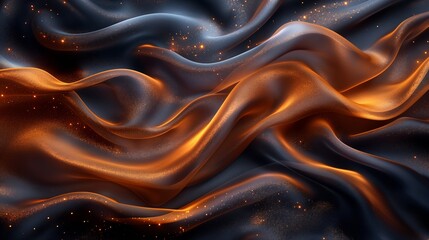 Black dark brown orange gold abstract luxury background. Silk satin fabric. Gradient ombre color. Curtain drapery fold line. Chocolate shade. Shiny glow glitter light. Design. Wide banner. Panoramic.
