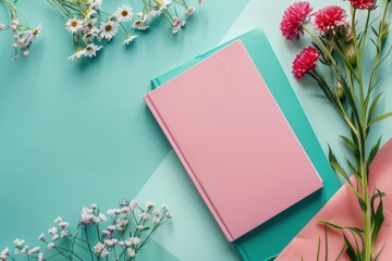 Book with bookmarks and flowers on a colorful backdrop