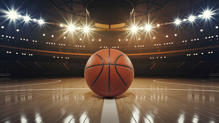 A basketball on a court under bright lights, scene illuminated from above with shadows on the floor
