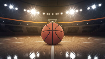 A basketball on a court under bright lights, scene illuminated from above with shadows on the floor