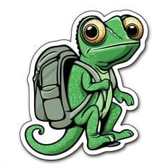 Obraz premium Chameleon with Backpack Cartoon Illustration