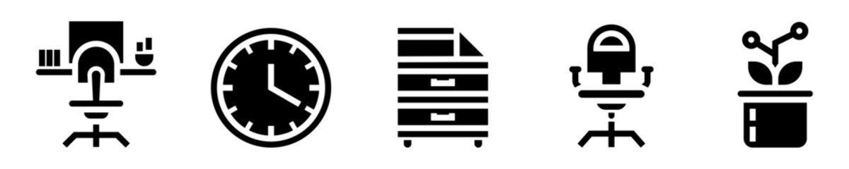 Workspace icon set. Office. Desk with computer, chair, filing cabinet, wall clock, indoor plant. Solid icons. Vector illustration
