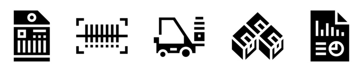 Warehouse management icon set. Logistics and supply. Forklift, barcode scanner, stacked boxes, shipping label, report. Solid icons. Vector illustration