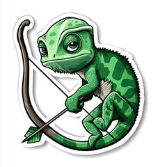 Cartoon Green Lizard Archer with Bow and Arrow